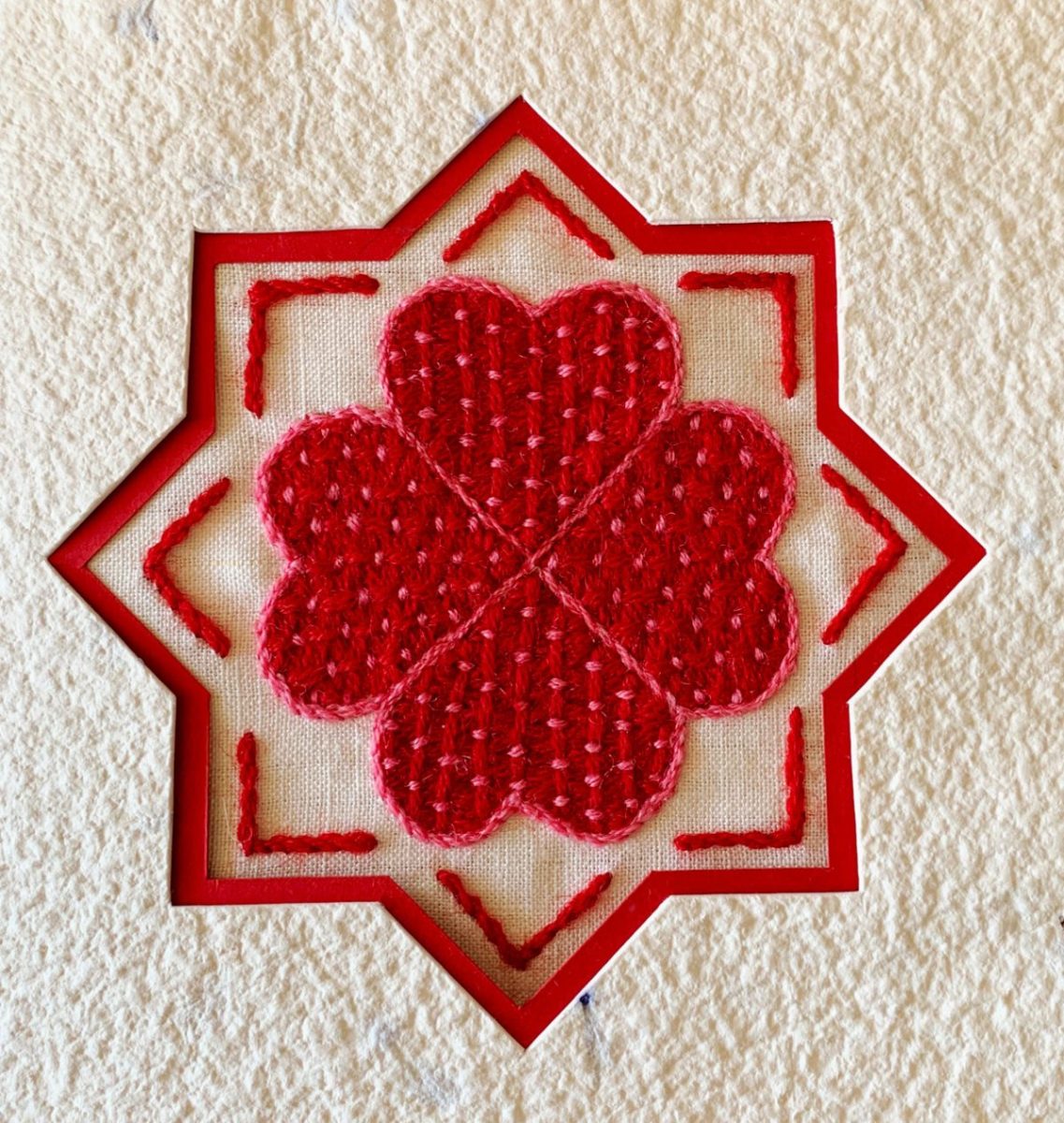 Kit de broderie coeur rouge présenté en carte