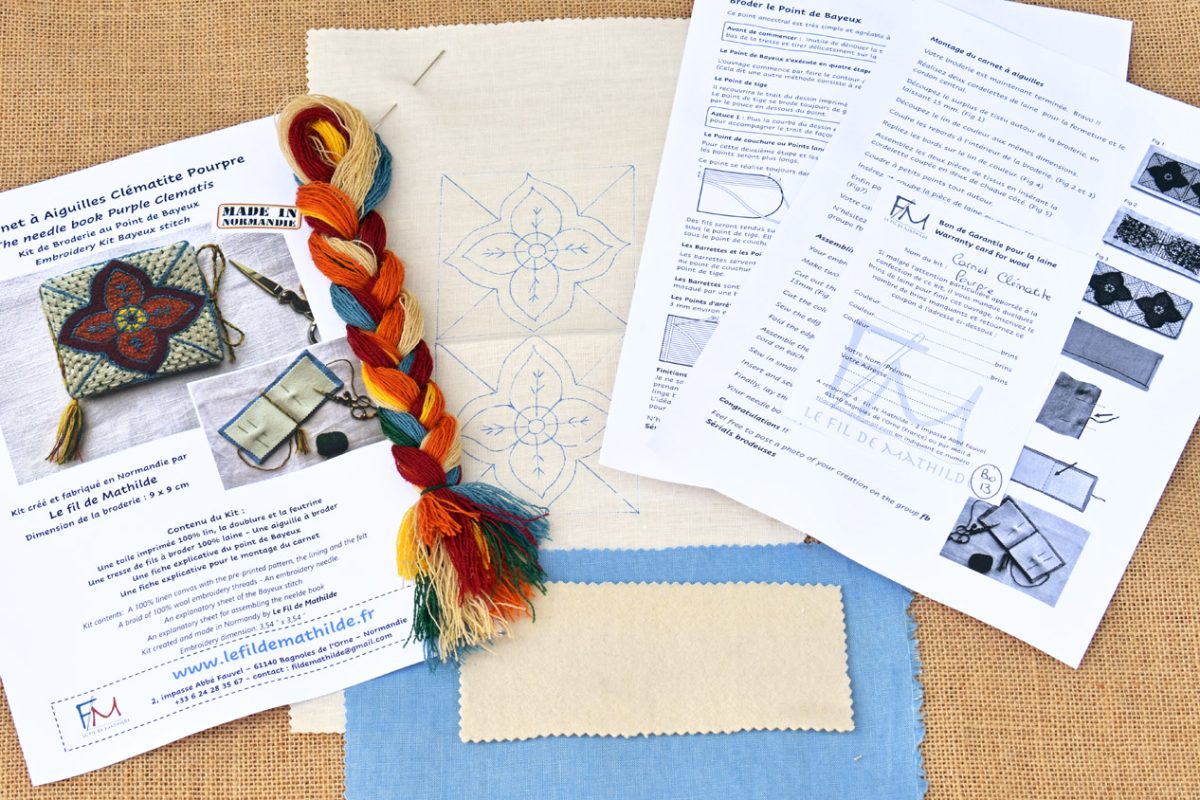 Kit à broder Carnet à Aiguilles Clématite Pourpre contenu